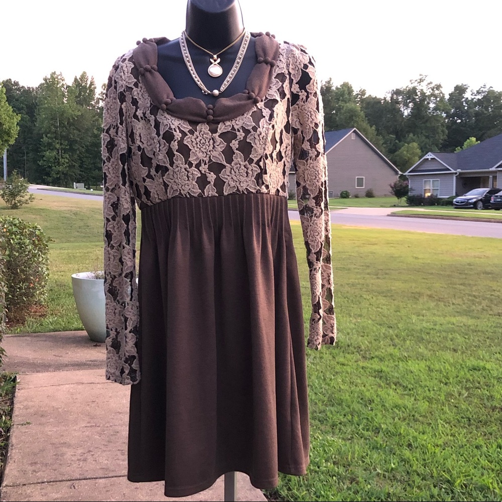 2/$30 Ryu Long Sleeve Pleat Waist Brown Dress Sz M